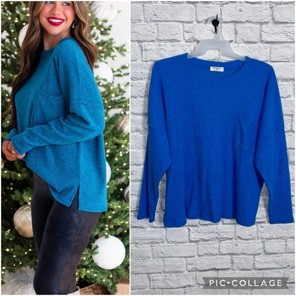 Zenana 1X Royal Blue Classic Ribbed Melange Sweater Top